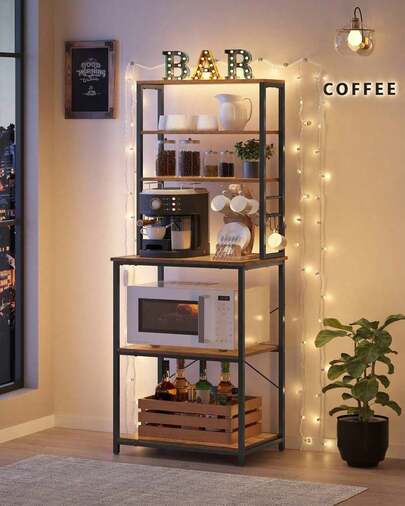 VASAGLE Coffee Bar, Baker's Rack Kitchen With Storage, 6-Tier Kitchen Shelves With 6 Hooks, Microwave Stand, Industrial, 15.X 23.6 X 65.Inches, Oak Color And White,Greige And Black,Rustic Brown And Black