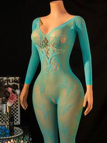 1pc Women Sexy Lingerie Fishnet Bodysuit, Mesh Lace Jacquard Body Stockings, Club Exotic Dancer Outfit - Mint Green - View 2
