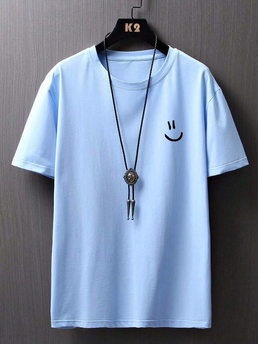 Hombres Camiseta de hombros caídos con estampado de expresión - Celeste - Ver 1