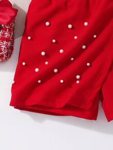 2pcs/Set Young Girls' White Ribbed Ruffle Trim Short Sleeve Top And Red Beaded Skort Outfit, Cute Sweet Summer Clothing - Red - View 8