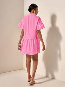 Vestido casual de verano suelto y simple con botones en la cintura - Rosa - Ver 2