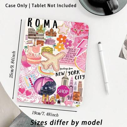 1 ốp lưng máy tính bảng dạng gập có khe đựng bút, tương thích với , Honor, Apple và các dòng máy phổ biến khác, có họa tiết máy bay, mèo, hoa và kiến trúc, chức năng tự động tắt/mở màn hình, thích hợp làm quà tặng cho mùa tựu trường, ngày Valentine, các ngày lễ.