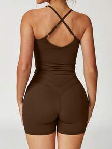 NcmRyu Women's One Set Solid Color U-Neck Padded Criss-Cross Back Sports Bra And Tight Shorts Activewear Set - Chocolate Brown - View 6