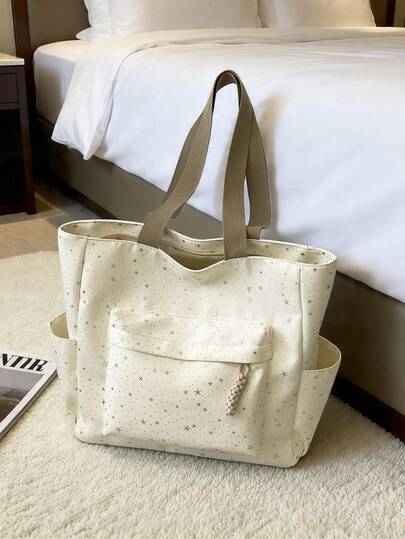 1 pieza Bolso de tote casual de gran capacidad con diseño de estrella, diseño de múltiples bolsillos, bolso versátil para ir y venir, cierre de cremallera plegable, adecuado para uso diario, trabajo, escuela, estilo universitario