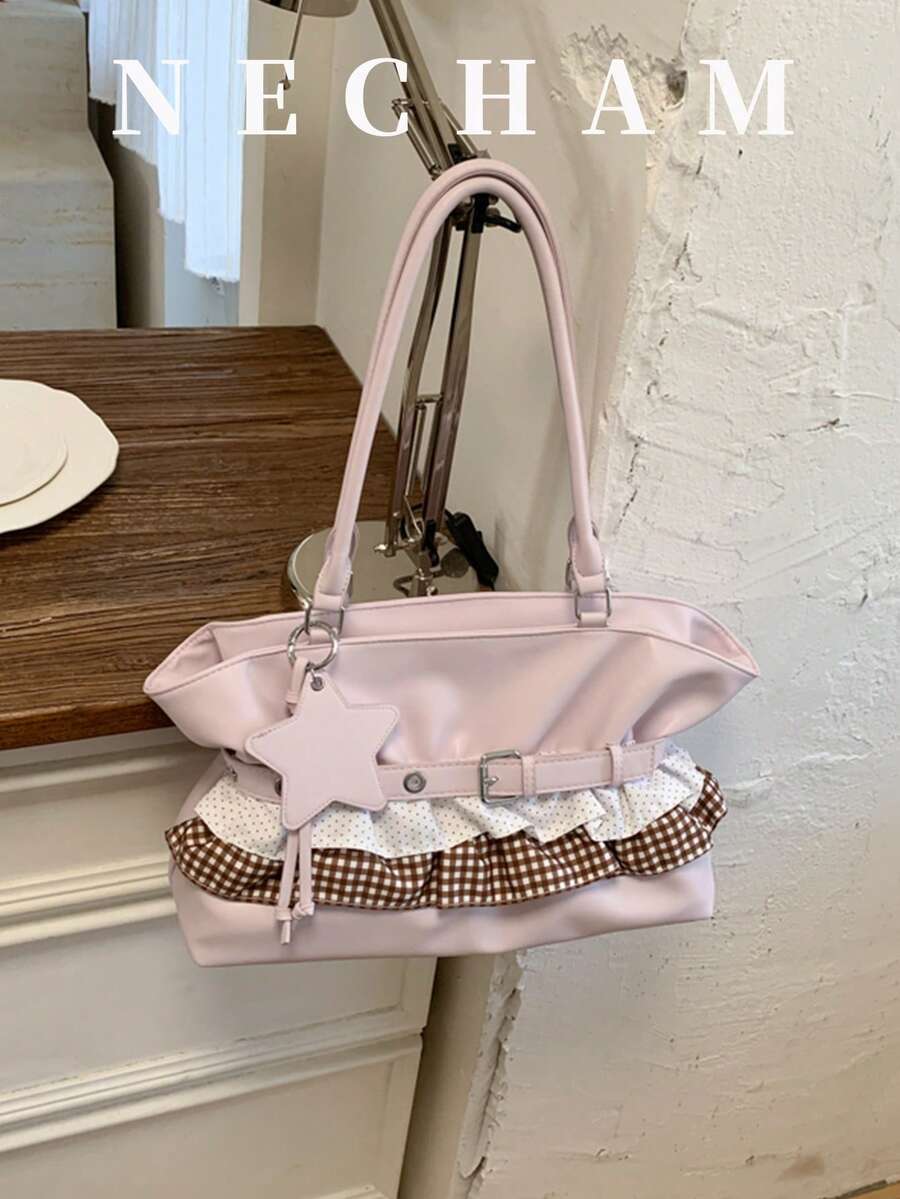 1 pieza Bolso de hombro único con diseño de volantes y patchwork, bolso de gran capacidad para estudiantes/trabajo - Rosa - Ver 1
