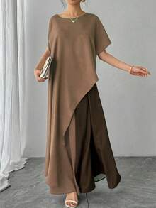 Autumn/Winter New Women's Round Neck Batwing Sleeve Asymmetric Dress Elastic Waist Skirt Colorblock 2-Piece Set, Purple Elegant Luxury Party Gathering Cocktail Dress Long Skirt, Fashion Loose Women's Outfit - Coffee Brown - View 1