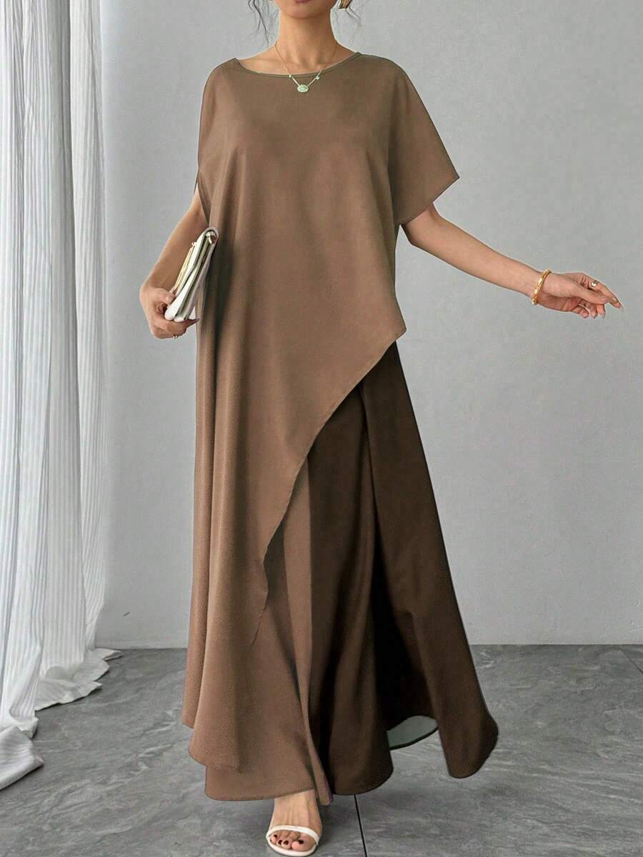 Autumn/Winter New Women's Round Neck Batwing Sleeve Asymmetric Dress Elastic Waist Skirt Colorblock 2-Piece Set, Purple Elegant Luxury Party Gathering Cocktail Dress Long Skirt, Fashion Loose Women's Outfit - Coffee Brown - View 1