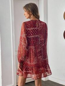Women's Autumn/Winter Western Style Fashion Versatile Loose Round Neck Frill Collar Retro Wine Red Chiffon Digital Print Patchwork Long Sleeve Elastic Cuff Bowknot Waist Pleated Babydoll Bohemian Mini Dress Fall Cloth For Women - 棕色 - 查看 9