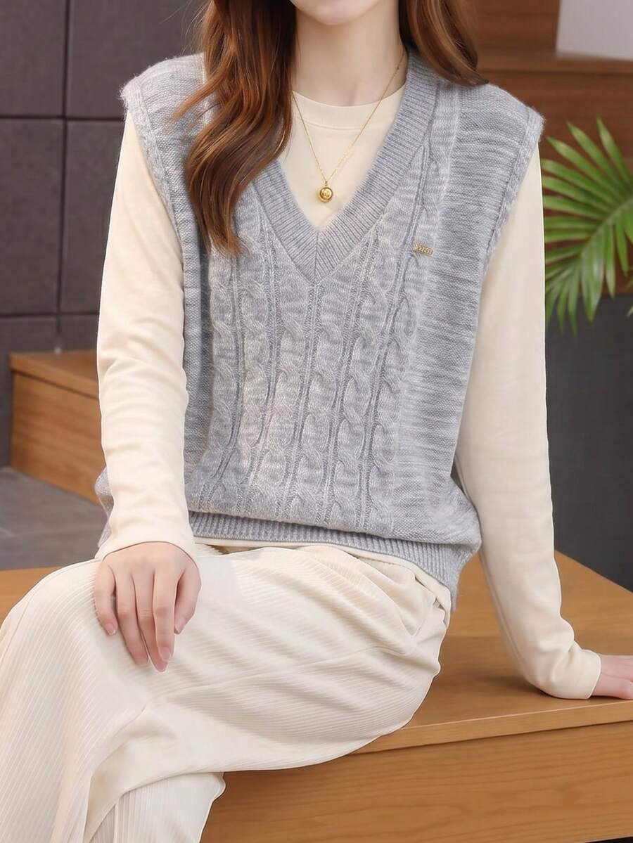 JIANHU صدرية محبوكة بياقة على شكل حرف V، بطراز متداخل، بلمسة كلاسيكية جامعية، للخريف - رمادي فاتح - مشاهدة 1