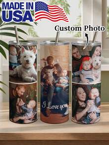 1pc 20oz/600ml Custom Photo Stainless Steel Tumbler, Personalized 1-12 Images Vacuum Insulated Travel Cup With Straw & Brush, Leakproof, 12H Hot/24H Cold, Reusable Hot Cold Drink Mug, Gift For Family Friends Couples, Ideal For Office Gym Outdoor - Multicolor - View 2