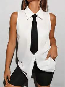 Damen Pendler-Bluse mit Bindeband am Hals, ärmellos, vielseitig, lässig, elegant, Bestseller, einfarbig, mit Knopfleiste, weiß, Sommer - Weiss - Übersicht 2