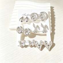 6 Pairs Silver Metal Spiral/Heart/Rabbit Stud Earrings Set, Minimalist Elegant Earring Accessories - Silver - View 5