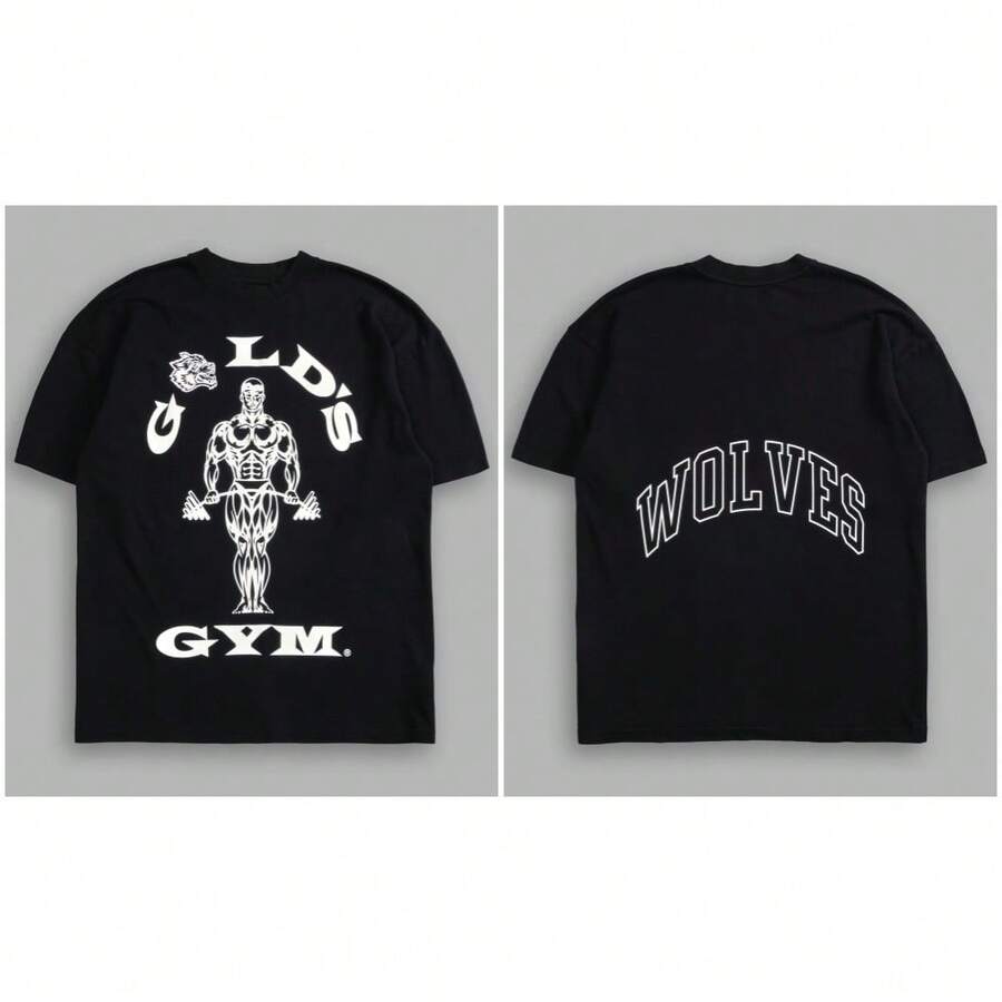 Darcsport&Gold's Gym Co-Branded Soft Cotton Men's And Women's Sports Fitness T-Shirt Breathable Short-Sleeved Printed T-Shirt - Black and White - View 1