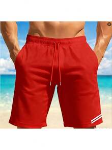 Quick-Dry Beach Shorts With Coastal Scenery Print, Lightweight Drawstring Beach Shorts, Casual, Slightly Stretchy, Perfect For Summer Vacations, Surfi - 紅色 - 查看 1