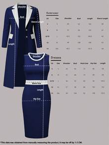 Women's Spring/Autumn New Elegant 2-Piece Set: Contrast Color Long Sleeve Cardigan Jacket + Sleeveless Fitted Mid-Length Dress - Navy Blue and White - View 5