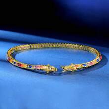 MDFUN Pulseira de Tênis de 2mm para Mulheres, Pulseira Banhada a Ouro 14K com Cubic Zircônia Colorida, Joias de Elos de Tênis com Corte Redondo de CZ Arco-Íris, Tamanho 6,5-8,5 Polegadas - Quadrado - Dourado - Zircônio - Visão 4