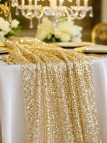 Gold Sequin Table Runner And Tablecloth Set - Shiny Gold Wedding, Party, Event Decor - Square Tablecloth With Tassel Trim (Fabric), Suitable For Dining Table Center Decor, Special Occasions - Multicolor - View 3