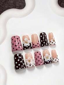10pcs Handmade Black Floral Nail Art Set, French Press-On Nails, Medium Almond Shape Nail Stickers, Square Nails, Duck Mouth Nails, Black Nail Gel, Includes Tool Kit (1pc Jelly Sticker + 1pc Nail File), Suitable For Women And Girls, Party, Daily Nail Care Nail Supplies Handmade Press On Nails - 多色 7 - 查看 10