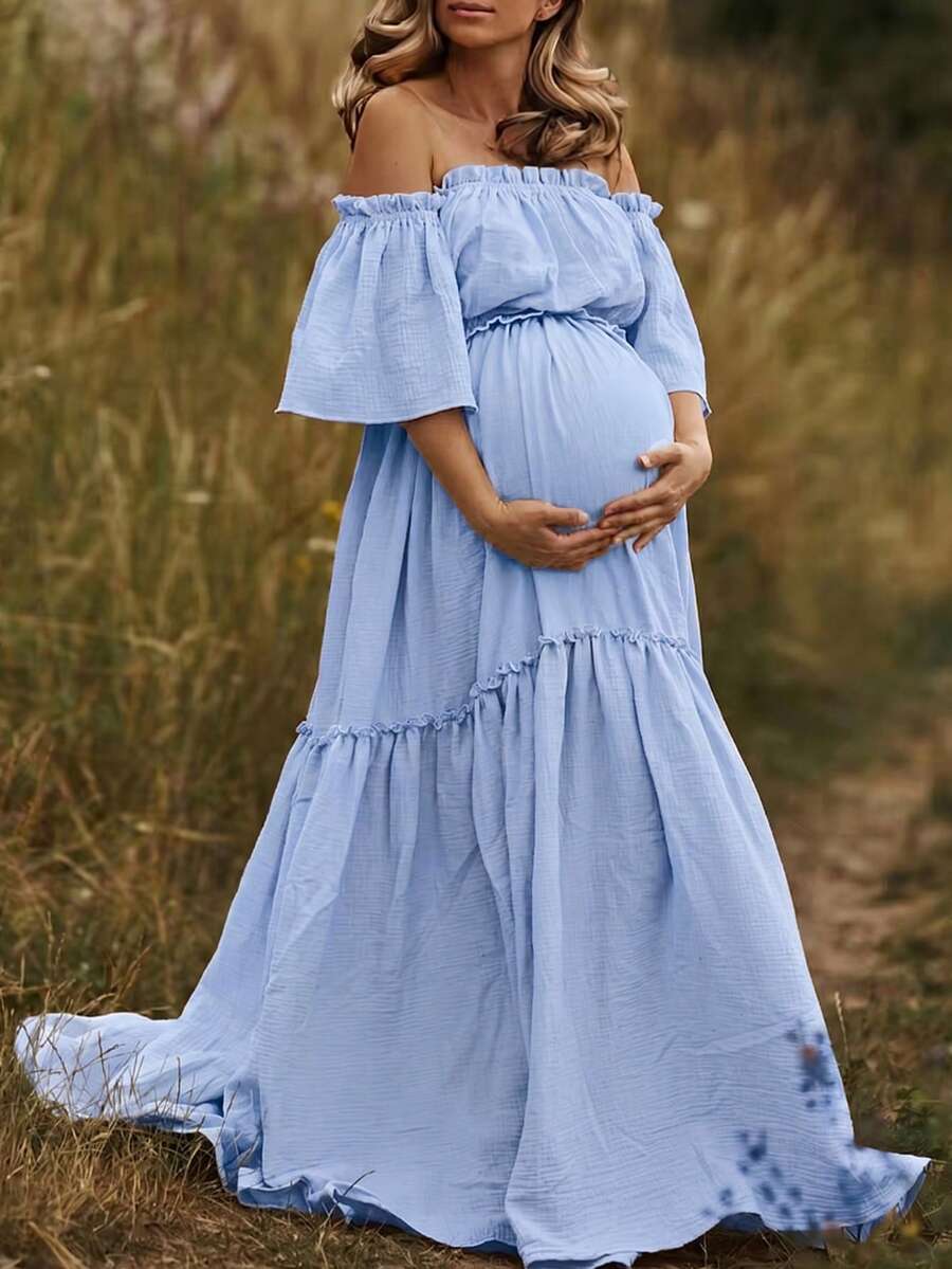 Pregnant Women Off-Shoulder Layered Short Sleeve Chiffon Fabric Slightly Elastic Long Dress, Ruffle Hem Train Skirt Fall - Blue - View 1