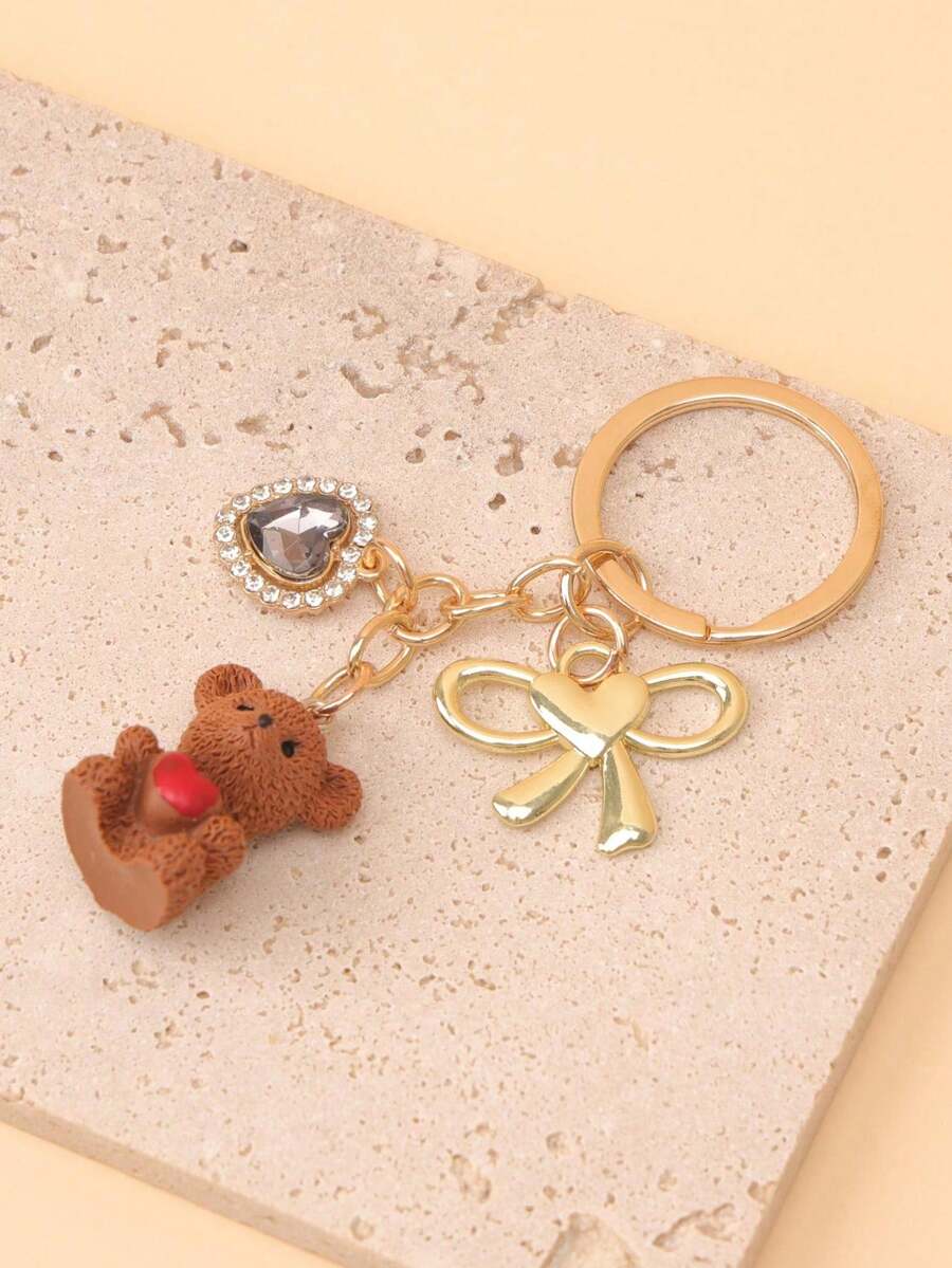 1pc Unisex Cute Bear Bow Rhinestone Heart Charm, Phone Strap, Keychain, Bag Pendant, Lovely Gift For Couples And Best Friends - Multicolor - View 1