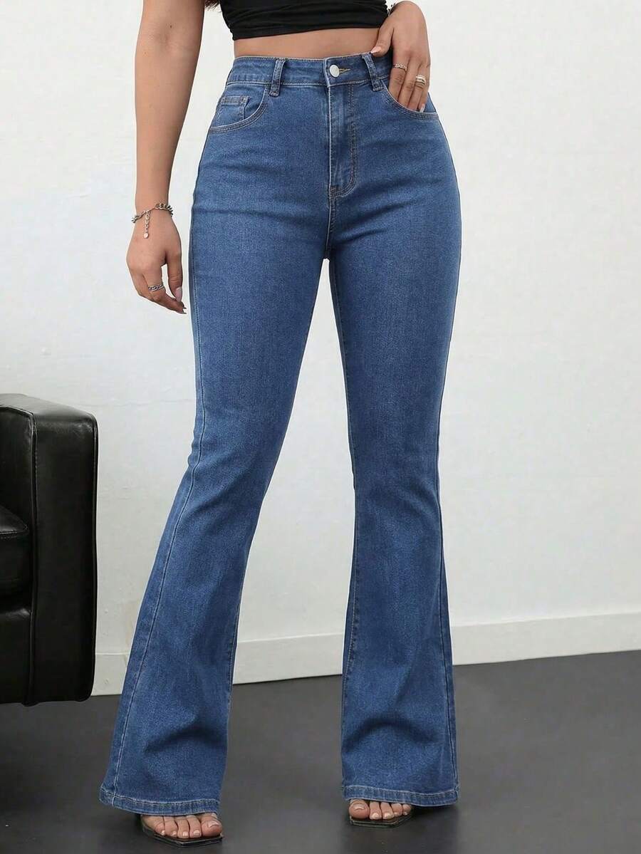 Quần ống loe denim co giãn cao cấp dành cho nữ, quần dài dáng suông, kiểu dáng thường ngày. - Màu xanh lam - Xem 1