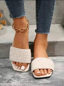 2026 New Flat Slide Sandals/Solid Color, Flat Design, Shiny Vamp, Exquisite Rhinestone Decor, Slip-On Style, Easy To Clean, Elegant & Refined, Fashion Versatile, Suitable For Daily Wear, Shopping, Dating, Vacation, Travel - Beige - View 6