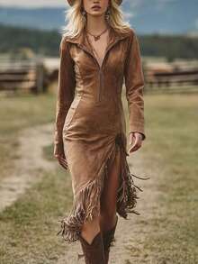 Long-Sleeved Fitted Suede Dress With Fringed Western Cowboy Style - Brown - View 1