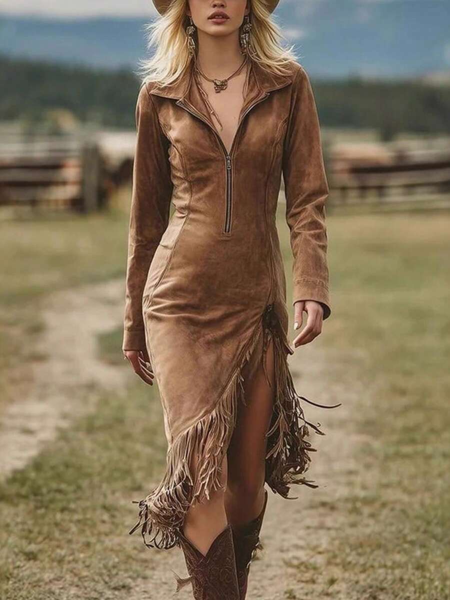 Long-Sleeved Fitted Suede Dress With Fringed Western Cowboy Style - Brown - View 1