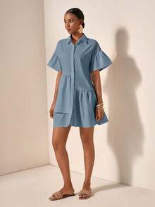 Vestido casual de verano suelto y simple con botones en la cintura - Celeste 2 - Ver 5