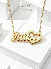 1pc Customized Double-Layer Welded Letter Name Necklace, Unisex Large Heart-Shaped Pendant On Thick Curb Chain, Minimalist Daily Style, Keychain, Gift For Boyfriend, Girlfriend, Parents, Family, Friends, Pets, Grandparents, Son, Daughter, Suitable For Anniversary, Birthday, Daily Wear, Prom, Father's Day, Mother's Day, Valentine's Day, Graduation, Wedding, Personalized Engraved Necklace, Unique Autumn Style - Gold - View 3