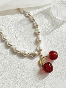 1pc Cherry Pendant Decorated Faux Baroque Pearl Necklace, Personalized Sweet Hip-Hop Style Suitable For Women, Daily Wear Or Party/Vacation - Multicolor - View 4