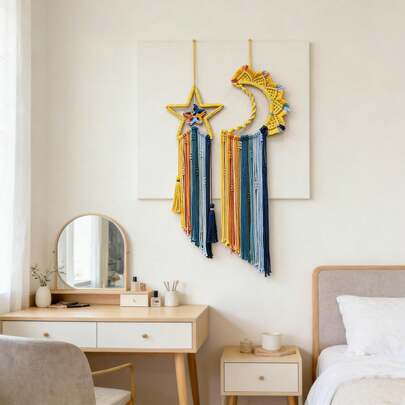 1 chiếc tranh treo tường Macrame, trang trí tường phong cách Boho, bùa bắt giấc mơ, tranh treo tường hình sao, mặt trăng và mặt trời sáng tạo, trang trí đầu giường.