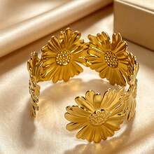 1件装时尚个性化金属手镯，朋克街头风镂空极简臂环，可调节C形镂空金属手链 - 花朵手鐲 - 查看 3