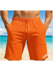 Quick-Dry Beach Shorts With Coastal Scenery Print, Lightweight Drawstring Beach Shorts, Casual, Slightly Stretchy, Perfect For Summer Vacations, Surfi - 橘色 - 查看 5