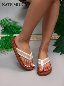 KATE MIUCH Women's Spring/Summer New Arrival European And American Fashion Lovely Youthful Personalized Jacquard Textured Khaki Ladies Flip Flops, Bohemian Classic Retro Casual Relaxed Comfortable Lightweight Breathable Khaki Ladies Slippers, Suitable For Hawaii Beach Vacation, Beach Sunbathing, Spring Camping Picnic, Valentine's Day Date Strolling, Summer Beach Holiday Sandals - Khaki - View 5