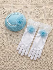 2 peças/Conjunto Chapéu Fascinator de Tule Floral Azul para Adolescentes + Luvas de Cetim com Renda Floral Azul, Conjunto de Mini Chapéu de Tule de 2 Peças, Adereços para Fotografia de Casamento, Acessório de Cabelo para Decoração de Casamento Nupcial, Adereços para Cabine de Fotos de Festa, Adereços de Casamento, Adereços Nupciais - Azul - Visão 12