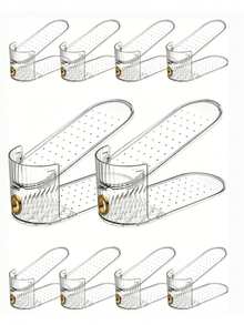 10pcs Vertical Shoe Rack With Gold Decorative Rings, Space-Saving Shoe Storage Organizer For Closet, Entryway And Bedroom, Durable Plastic Material, Designed For Sneakers, High Heels And Flats, Ideal For Summer High Heels Storage, Shoe Slot Organizer, Shoe Stacking Storage Rack For One Pair, Adjustable Thickened Double Layer 50% Space-Saving, Suitable For Closet Storage (Transparent) - Multicolor - View 9