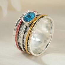 Women's Retro Tri-Color Wide Band Ring, Inlaid With Blue Synthetic Cubic Zirconia, Atmospheric Party Ring - Silver - View 5