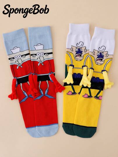 SpongeBob SquarePants 1/2 Đôi tất nữ kiểu Mermaid Man & Barnacle Boy, dài đến bắp chân, phối màu theo phong cách đường phố năng động, dễ phối đồ cho mọi mùa.