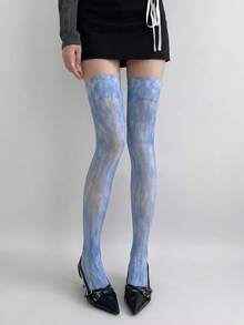 DAZY 1 Paar Damen Batik Overknee Socken, neblig blau - Graublau - Übersicht 5