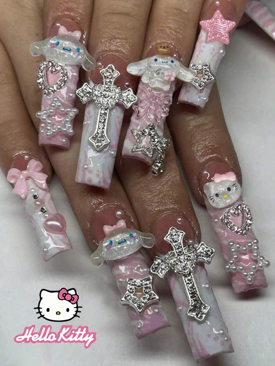 Bộ 24 móng tay giả dán sẵn Sanrio Hello Kitty dáng vuông dài màu hồng kiểu French Tip, trang trí 3D Hello Kitty & Cinnamoroll dễ thương, đính đá, ôm khít ngón, phụ kiện làm móng Hello Kitty cho nữ và bé gái dùng hàng ngày và đi tiệc - Nhiều màu - Xem 1