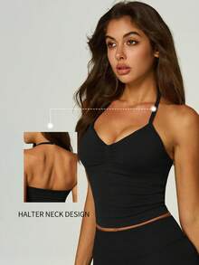 UONNOU Top de entrenamiento con control de abdomen y cuello halter - Negro - Ver 3