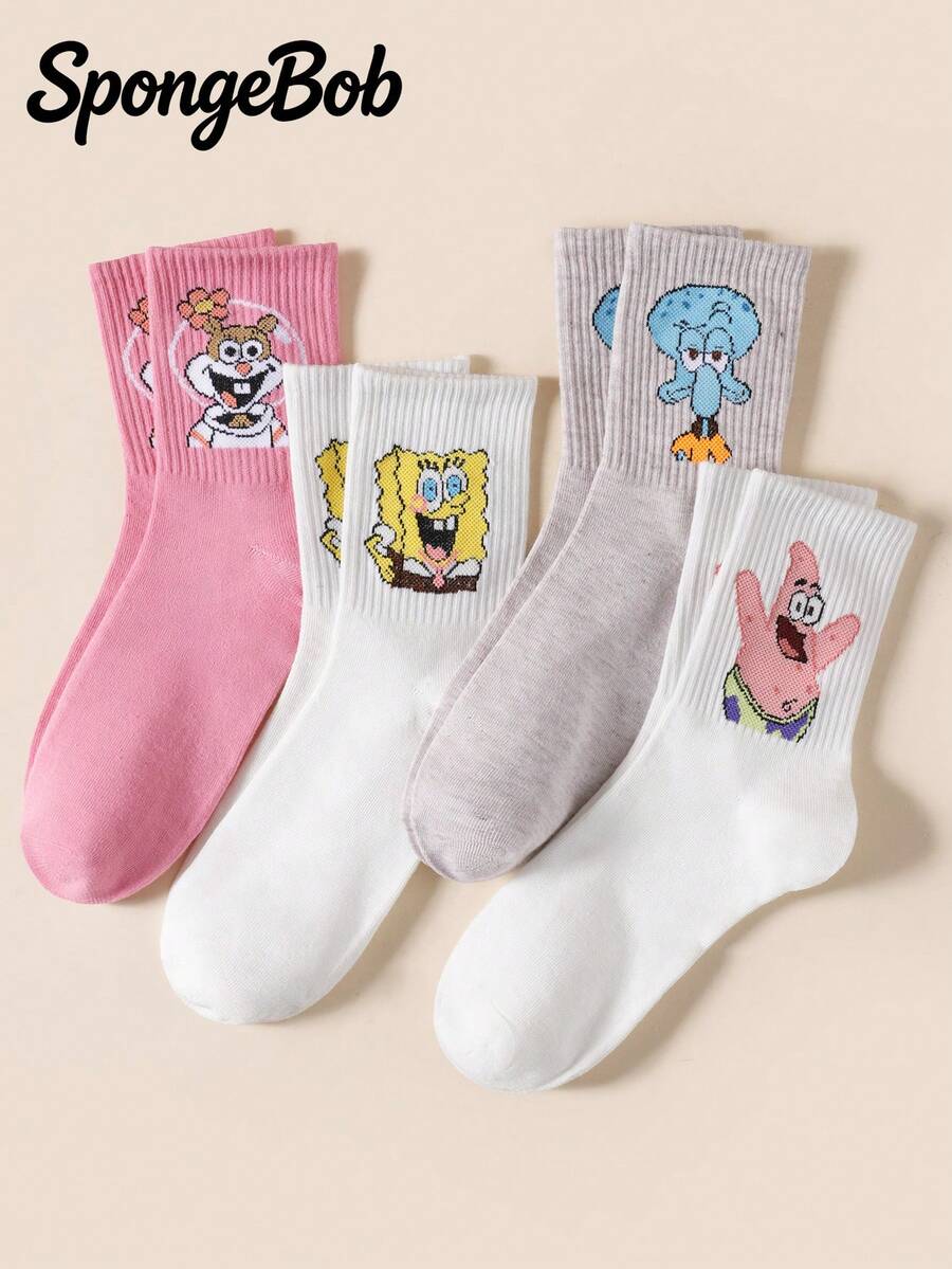 SpongeBob SquarePants 4双装女士趣味个性化卡通可爱多色提花系列章鱼哥图案中筒袜，运动款，四季皆宜，欧美尺码，舒适耐磨，色彩丰富，适合日常穿着，优质面料 - 彩色 - 查看 1