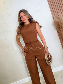 SJD MODA LADY Elegant And Chic Women's Tailored Suit, Practical Formal Uniform For Daily And Office Use, 2 Pieces, Sleeveless Cropped Blouse And Wide-Leg Suit Trousers, Garment With Perfect Fit, Comfortable Fabric, Stylish Luxury Look, Minimalist Casual Fashion, Women's Clothing For Christmas - 鏽棕色 - 查看 2