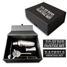 Silver Name Barware Personalized Cocktail Kit, Mini Bar Black Box Gift Set. - View 5
