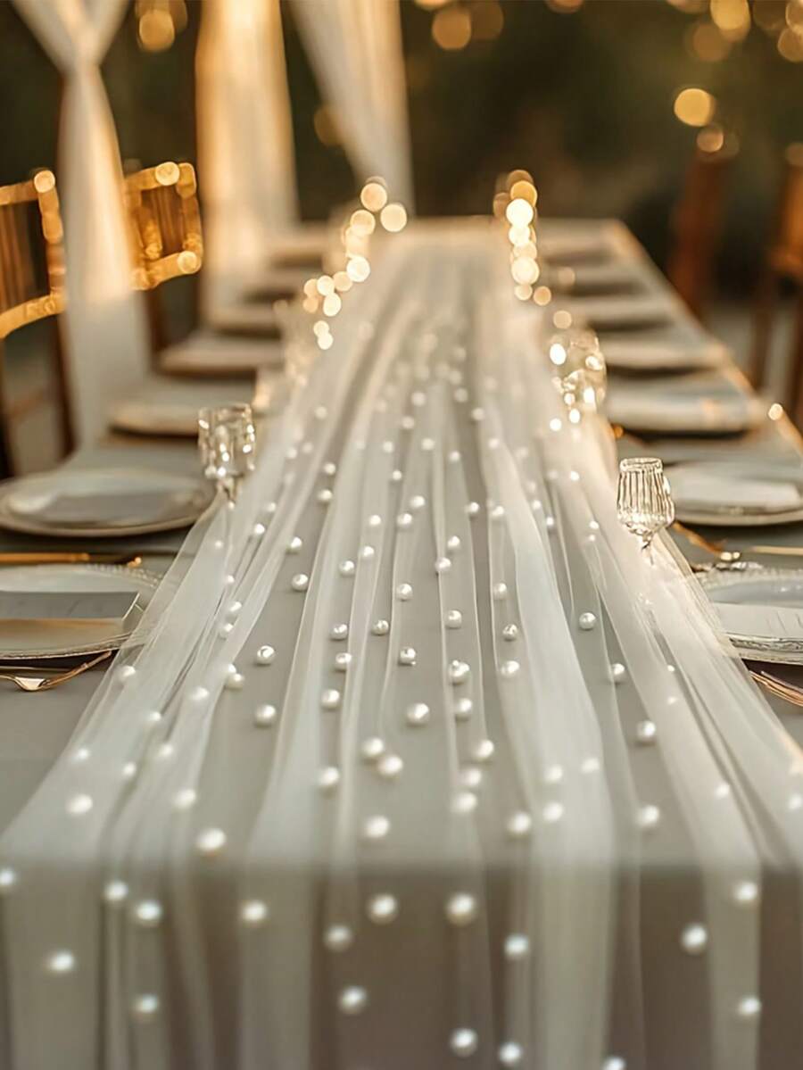 1 Stück zarter romantischer Perlen-Dekor Chiffon Tischläufer, weiß, geeignet für Hochzeit, Paar-Date, Feiertagsparty Dekoration - Imitationsperlennetz - Übersicht 1