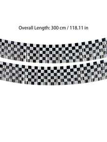 300cm Racing Theme Aluminum Foil Backdrop, Black & White Checkered Aluminum Foil Tassel Ribbon, Racing Theme Birthday Party Decor, "Start Racing" Party Backdrop, Indoor & Outdoor Party Backdrop, Photography Prop - Multicolor - View 4