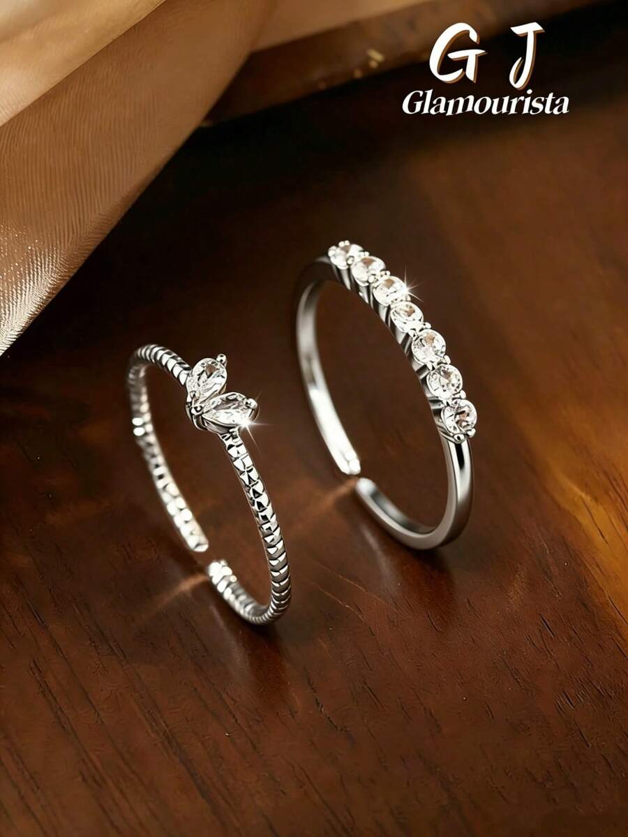 2 chiếc nhẫn hình trái tim bằng đồng, kiểu dáng tối giản, nhỏ nhắn, tinh tế, đính đá Cubic Zirconia, có thể điều chỉnh kích cỡ, phù hợp cho nữ giới đeo hàng ngày và trong các dịp lễ. - Vòng có thể mở - Xem 1