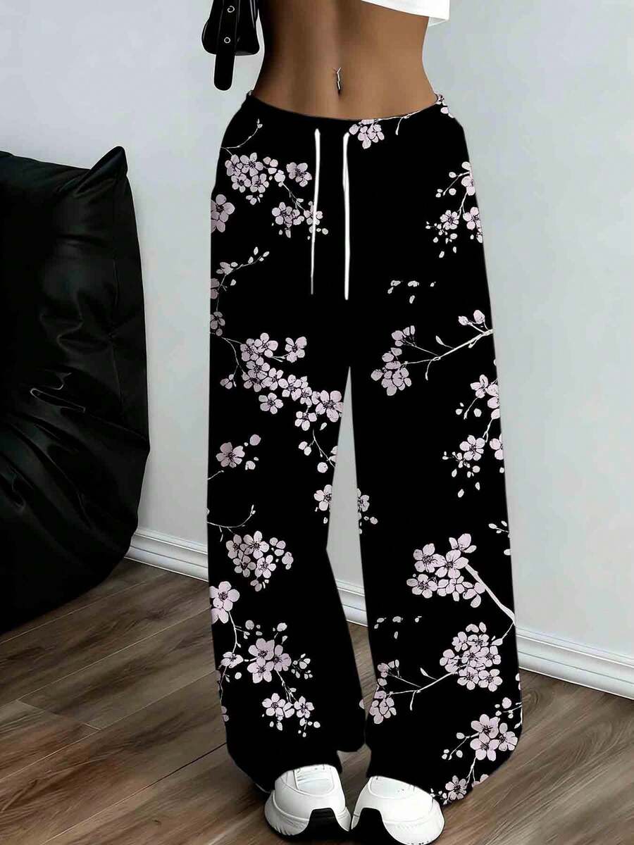 Floral Print Wide Leg Sweatpants Women Casual Comfortable Drawstring Pants Black With Pink Cherry Blossom Pattern Loose Fit Joggers For Casual Attire - 彩色 - 查看 1