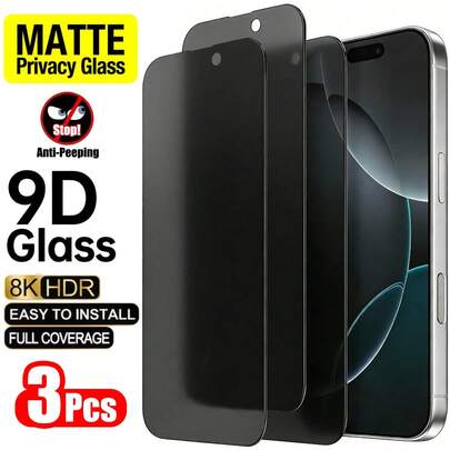 3片装磨砂隐私钢化玻璃屏幕保护膜套装，含安装工具，兼容 17 Pro Max/17 Pro/17 Air/17/17e、16 Pro Max/16 Pro/16 Plus/16e、15 Pro Max/15 Pro/15 Plus/15、14/13/12/11/X系列，采用高品质9H+硬度AR磨砂钢化玻璃制成